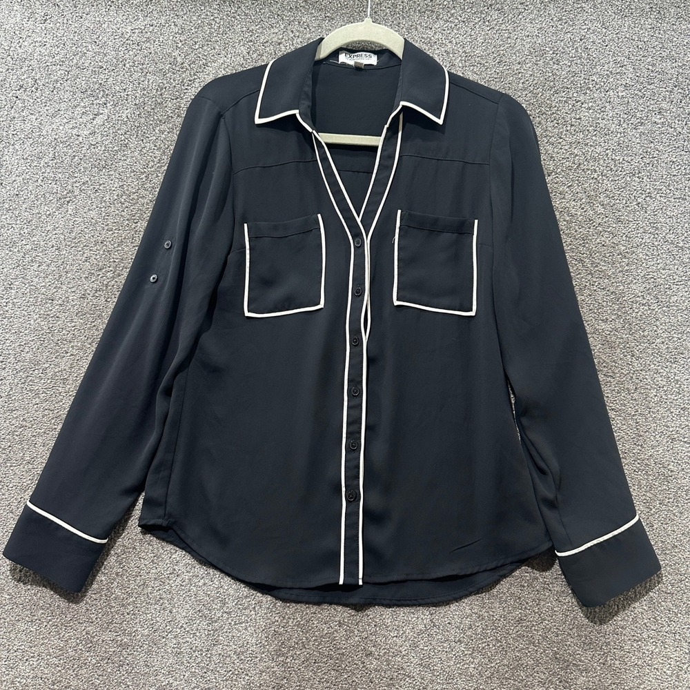Express The Portofino Shirt Slim Fit Black White Piping Button Down Womens Small